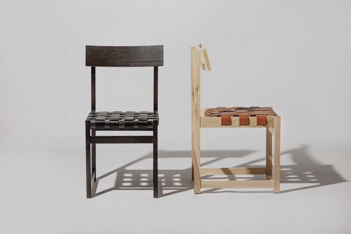 Tiracord chairs in black-stained ash with black leather and in natural ash with natural leather