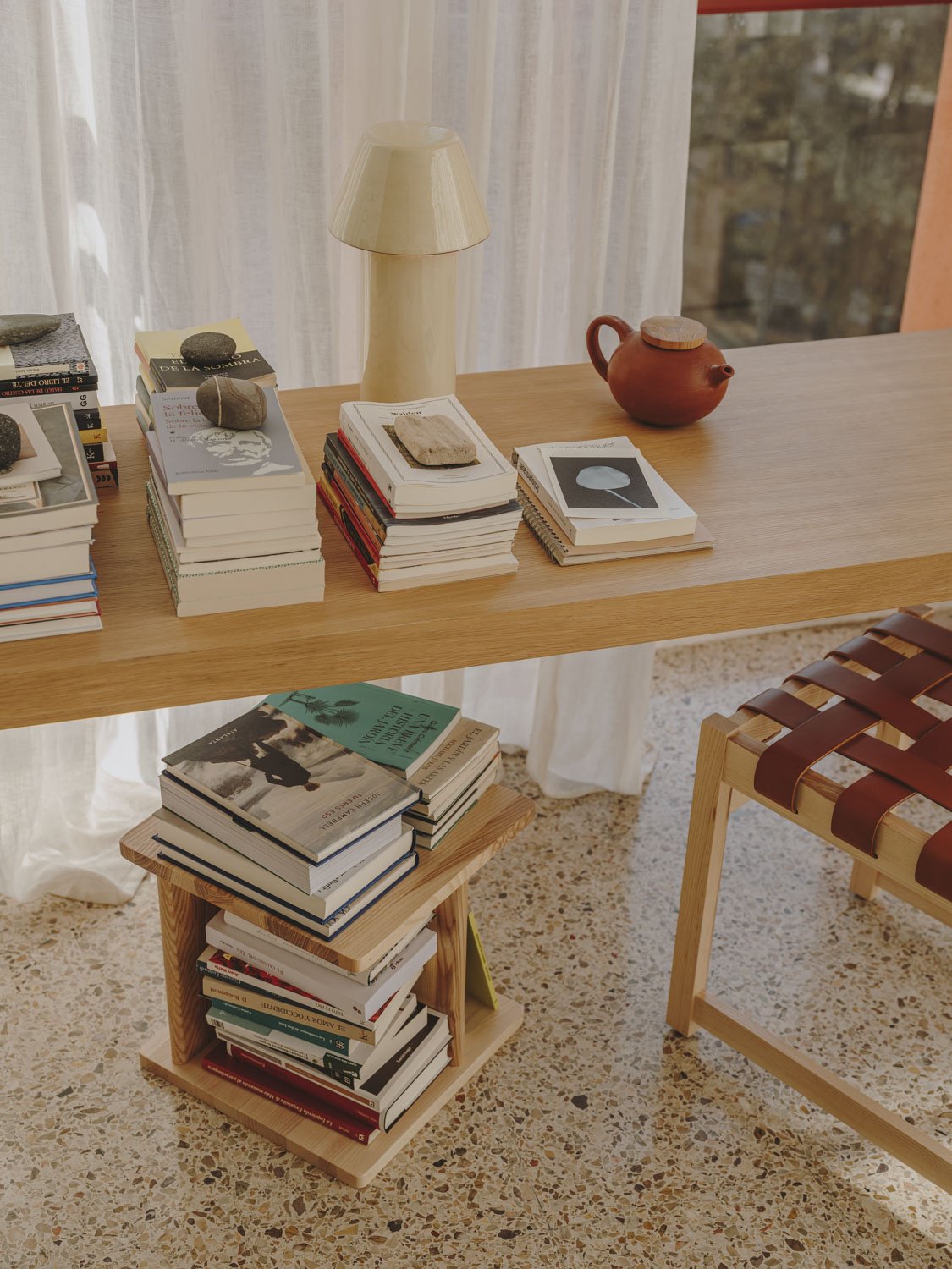 Delta holding books beside a desk