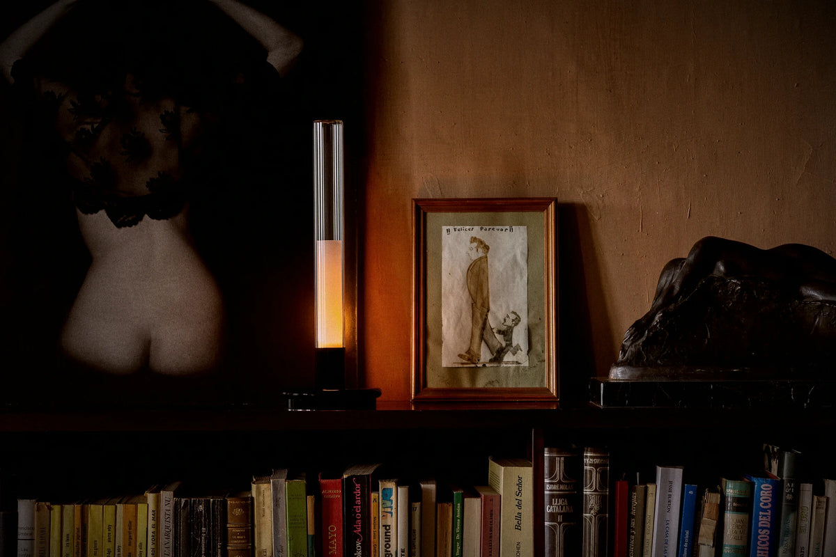 Sylvestrina portable lamp, with a black base and a clear upper shade emitting a warm orange glow, styled on a dark bookshelf next to a framed print and other books.