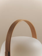 Close view of the Cestita Batería handle above the opal globe