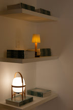 Cestita Batería portable lamp on a wall shelf with books