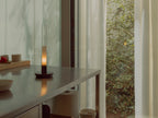 Sylvestrina portable lamp on a steel counter beside a garden window
